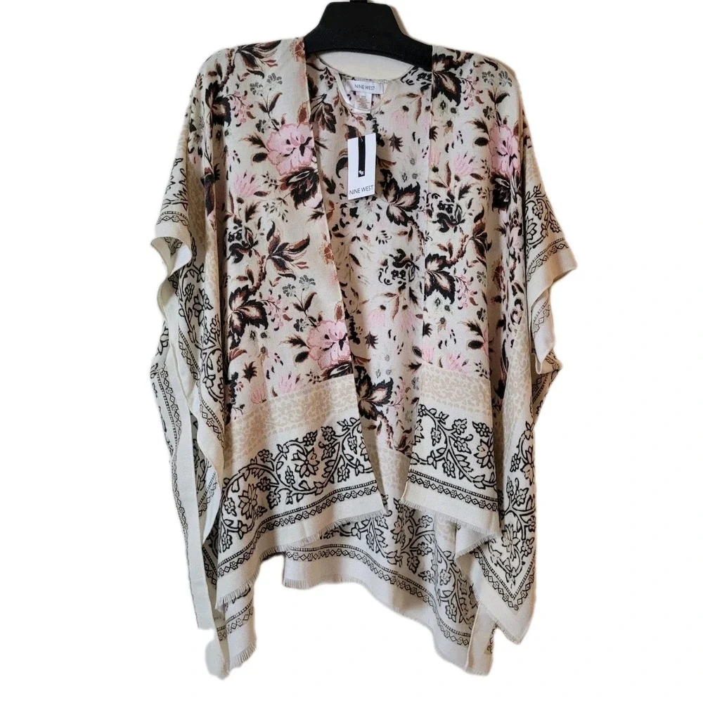 Nine West Rayon shawl Wrap Pink Floral womens OS Boho fringe dressy Casual Scarf